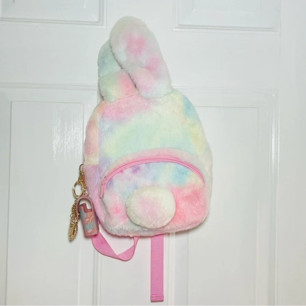 Claire’s Rainbow Bunny Plush Mini Backpack – Pastel Fuzzy Kids Bag NWT